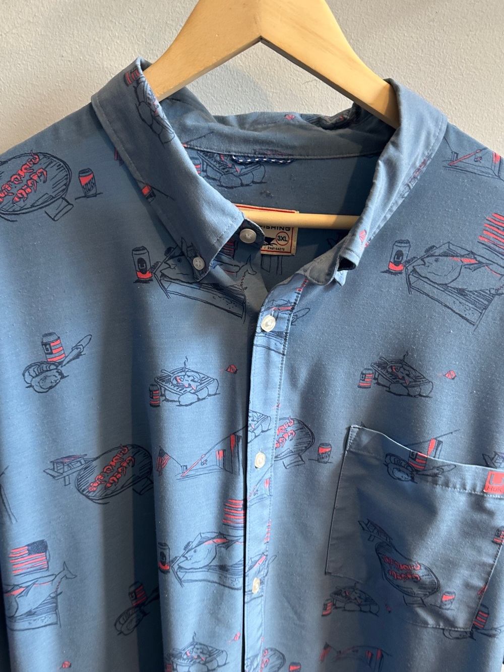 Huk Short-Sleeve Button-Down Shirt in Blue with Red American Accent Print - Picture 3 of 11